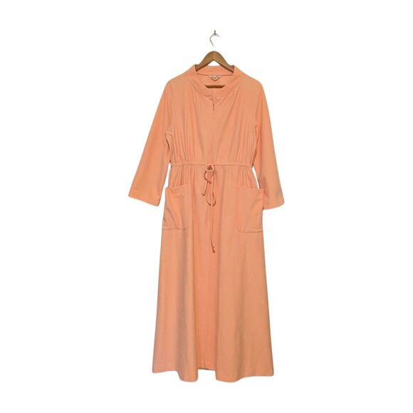 Vintage Vanity Fair Robe L Belted Peach Velour Fleece Housecoat Maxi Kaftan 70s - Picture 1 of 6